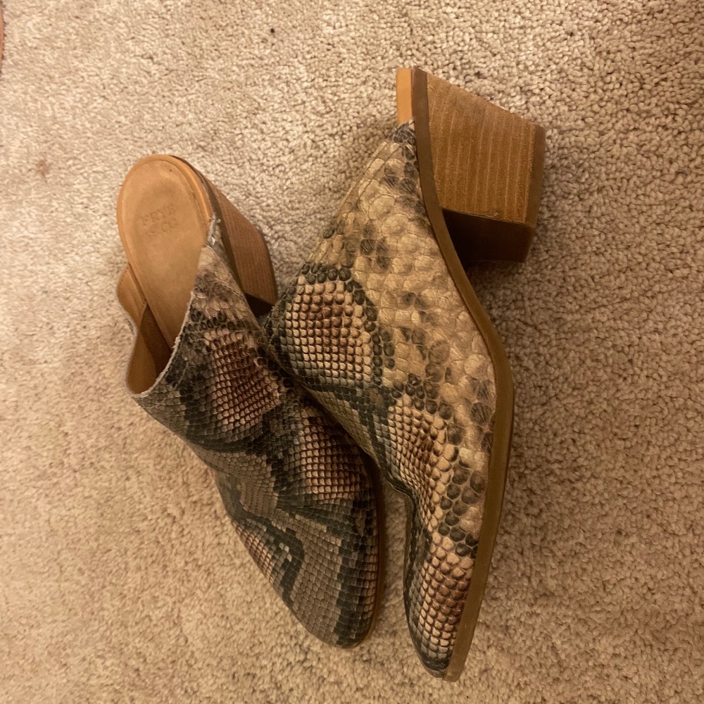 Frye & Co. heeled snake print slip ons
